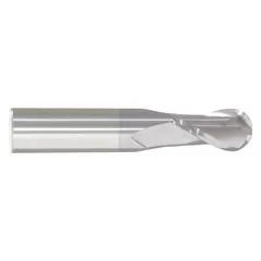 General purpose carbide ball end mill with TiCN coating, 2 flutes, 7/16" mill diameter, 1" length of cut, and 2-3/4" overall length. Used for contouring, slotting, and profiling in mold and die work to create smooth curved surfaces.