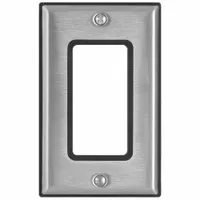 This LEVITON wall plate is a cleanroom-rated gasketed model designed for environments requiring contamination control. It accommodates a decorator-rocker switch or receptacle in a 1-gang standard size. The stainless steel construction and gasket seal help maintain cleanroom integrity