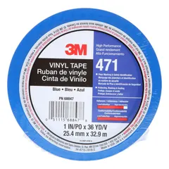 Solid blue vinyl tape for color-coded aisle marking, hazard identification, and area delineation. 1 inch wide by 108 feet long, 5.2 mil thickness. No message legend. Suitable for use in warehouses, factories, and workshops.