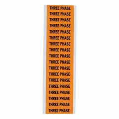 Self-stick vinyl markers for identifying three-phase electrical circuits on conduits and equipment. Each label measures 2 1/4 in wide by 1/2 in tall with a 'C' style and 'Three Phase' legend. Sold in a pack of 5.
