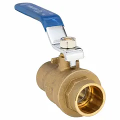 This 3/4 in brass ball valve features a straight, two-piece body with sweat x sweat connections for copper pipe installation. The lever handle provides manual on/off flow control in plumbing, HVAC, and industrial water or air lines.