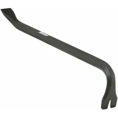 Double-end wrecking bar with a point end, 18 in overall length. Heat treated to 48 HRC at 6 in from end. Used for prying, nail pulling, and demolition tasks such as removing boards and opening crates.