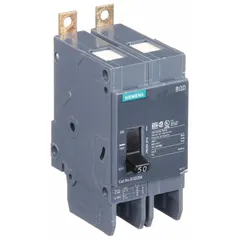The SIEMENS BQD250 is a 2-pole bolt-on miniature circuit breaker rated 50 A at 480V AC with a 14kA interrupting capacity. It provides overcurrent protection for branch circuits in commercial and industrial electrical distribution systems.