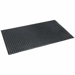 This drainage mat features a raised bones pattern for fluid drainage and a beveled edge to reduce trip hazards. Constructed of black natural rubber, it is reversible and provides a slip-resistant surface. Suitable for industrial environments such as wet workstations, assembly lines, and entryways.