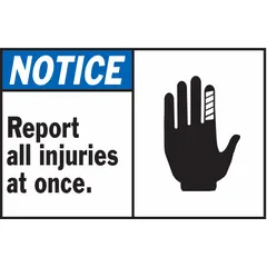 Polyester adhesive sign with nominal size 3 1/2 in x 5 in and 0.01 in thickness. Not retroreflective and does not glow in the dark. Suitable for indoor use on walls or equipment to communicate safety reporting requirements.