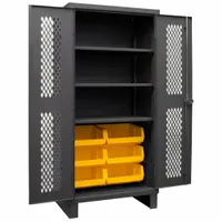 This ventilated bin cabinet from DURHAM MFG is assembled and features a gray powder-coated steel cabinet with a 12 ga panel. It includes three shelves and six yellow ventilated bins, each 16 in x 15 in x 7 in. Suitable for organizing small parts and components in industrial workshops, warehouses, and maintenance facilities