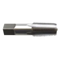 This general purpose pipe tap cuts internal threads in pipe and conduit fittings for BSPT (British Standard Pipe Taper) connections. It features a bottoming chamfer and 4 flutes, suitable for threading blind holes in steel, stainless steel, and other metals. Typical applications include plumbing, pneumatic, and hydraulic systems requiring a pressure-tight seal.