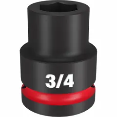 This MILWAUKEE impact socket features a 3/4" drive size with a 3/4" SAE socket size and a 6-point standard configuration. It uses a friction retention mechanism and is designed for use with impact tools in heavy-duty fastening and loosening of hex nuts and bolts in industrial maintenance, construction, and equipment assembly applications.