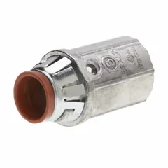Straight snap-in connector for terminating and securing 1/2 in AC/MC metal clad cable and flexible conduit in electrical junction boxes. Die cast zinc construction with insulated throat protects wire insulation. Snap-in installation for quick mounting.