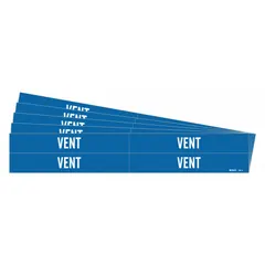 White adhesive pipe marker with blue 'Vent' legend, designed for pipe outer diameters from 3/4 to 2-3/8 inches. Pack includes 4 markers without arrows, supplied as a 5-pack. Used to identify vent pipes in industrial facilities for safety and compliance.