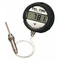 This panel mount digital thermometer measures temperature from -75°F to 750°F (-58°C to 399°C) with an accuracy of ±0.5°F (±0.3°C). It features a male connection for installation in control panels, HVAC systems, and process equipment. Suitable for monitoring and verifying temperature in industrial environments