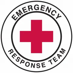 Non-reflective circle label for hard hats, 2-inch diameter, printed in English. Pack of 4 labels. Used to identify emergency response team members in industrial environments.
