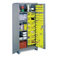 This assembled steel cabinet features a gray powder-coated finish and includes 64 yellow bins (7 in x 8-1/4 in x 14-3/4 in each) and 4 shelves. The 14 ga panel and shelf-and-bin design provide organized storage for small parts and supplies in industrial environments such as maintenance shops, warehouses, and assembly lines