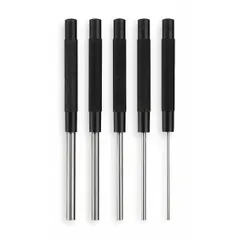 This 5-piece punch set includes flat-tip punches with tip diameters of 1/8 in, 3/16 in, 1/4 in, 5/16 in, and 3/8 in. Made of steel with SAE sizing, the set is used for driving and removing pins in assembly, maintenance, and repair tasks.