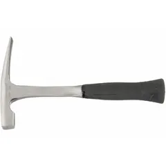 This bricklayer's hammer features a steel handle and a perpendicular striking face. The 4 in blade is used for cutting and shaping brick, block, and stone, while the 1 in face diameter delivers controlled blows. Suitable for masonry work such as chipping and scoring.