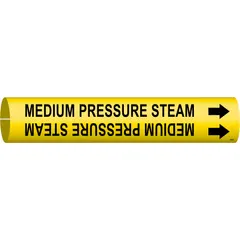 Yellow snap-on pipe marker with black legend 'Medium Pressure Steam' and flow direction arrows. Fits pipe outer diameter 1-1/2 to 2-3/8 in. Used to identify medium pressure steam lines in industrial piping systems, aiding compliance with pipe marking standards.