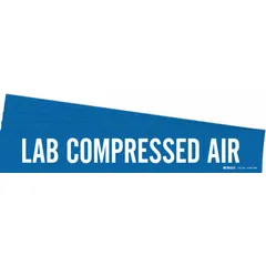 Blue adhesive pipe marker with white legend reading 'Lab Compressed Air'. Designed for pipes with outer diameter of 8 inches and larger. Pack of 5 includes one marker without arrows. Used to identify compressed air lines in laboratory and facility piping systems.