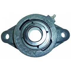 This flange-mount ball bearing has a 2 in cylindrical bore and a cast iron housing with a rhombus shape. It uses set screws for shaft locking and is lubricated with NLGI #3 Equivalent grease. The unit measures 8 17/32 in length and requires a 5/8 in mounting bolt. Typical applications include supporting rotating shafts in conveyors, fans, and material handling equipment.