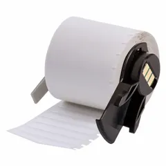 Nylon wraparound label roll, black on white, measuring 1/4 in x 1 29/32 in, designed for wire diameters of 0.57 in. Compatible with BMP61 printer series; requires M7-R4300 ribbon. Used for wire identification in electrical panels, control cabinets, and data centers.