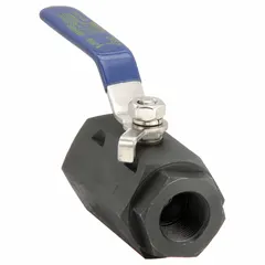 This carbon steel ball valve features a straight, two-piece body with FNPT x FNPT connections and a lever handle for manual on/off flow control. Suitable for use in industrial piping systems where a 3/4 inch connection is required.