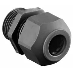 Straight nylon cable grip with M25 box connection, accepting cord diameters from 0.49 to 0.71 inches. Rated IP66 for dust and water ingress protection, with Class I, Division 2 hazardous location rating. Body length 1 1/8 inches from box to end of connector. Suitable for sealing and securing cables entering electrical enclosures in industrial environments.