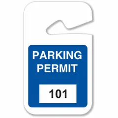 Plastic parking hangers in blue, supplied in packs of 100. Each hanger has a card height of 4 3/4 inches and an overall width of 2 3/4 inches. Used to designate authorized parking in facilities, lots, or garages.