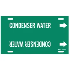 Green pipe marker with white legend reading 'Condenser Water' and directional arrows. Fits pipe outer diameters of 8 to 9-7/8 inches. Used for identifying condenser water lines in HVAC and process piping systems. Supplied as a single strap-on marker.