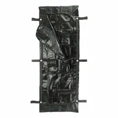 This black vinyl body bag measures 92 1/2 inches in length and 36 inches in width. It is designed for the containment and transport of deceased individuals in healthcare, mortuary, and emergency response settings. The vinyl material allows for easy cleaning and secure handling.