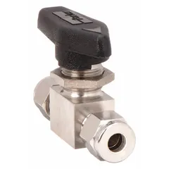 This Parker manual two-way ball valve features a straight-body design with 316 stainless steel construction. It has 1/8 inch compression x compression end connections and a lever handle for on/off flow control. Suitable for industrial fluid systems requiring corrosion resistance and leak-tight connections.