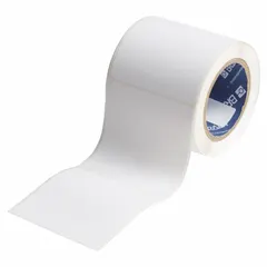 Acrylic permanent adhesive label roll with inkjet print-receptive material, compatible with J4000 printer series. Contains 280 precut labels measuring 4 in x 4 in. Used for industrial identification, asset tagging, cable marking, and safety labeling.