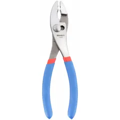 These slip-joint pliers are designed for gripping, turning, and holding nuts, bolts, and pipes. They feature a standard cushion grip for comfort during use. With an overall length of 8 1/4 inches and a jaw length of 3/8 inch, they are suited for medium-duty tasks in maintenance and repair work.