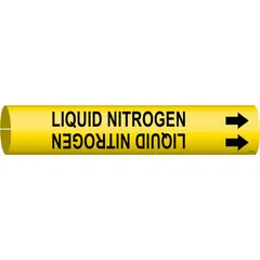 Yellow pipe marker with black legend 'Liquid Nitrogen' and directional arrows. Snap-on design fits pipe outer diameters of 4 to 6 inches. Used to identify liquid nitrogen piping in industrial facilities.