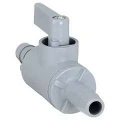 Manual two-way PVC ball valve with 3/8 inch barb x barb connections and full port ball port for straight flow control. Wedge handle for on/off operation. Suitable for low-pressure fluid systems using flexible tubing.