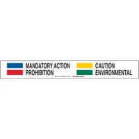 Aluminum sign slider insert with white background and yellow legend text indicating mandatory action, caution, prohibition, and environmental warnings. Measures 3 in x 23-7/8 in, not retroreflective. Used in sign sliders for easy legend changes in industrial facilities