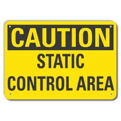 Aluminum sign with mounting holes for permanent installation. Engineer Grade retroreflective material provides visibility in low light. Used to identify static control areas and warn personnel of grounding requirements to prevent electrostatic discharge hazards.