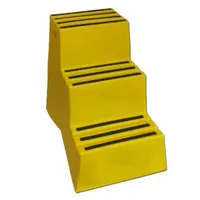 Yellow plastic box step stool with three steps. Overall height and standing height are 2.4 ft. Load capacity is 500 lb. Suitable for providing elevated access in industrial, warehouse, and commercial settings