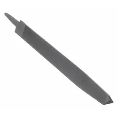 This triangular file features a double-cut, bastard-cut pattern for aggressive material removal. With a 6 in length without tang and 1/2 in width, it tapers towards the point for accessing tight spaces. Suitable for general-purpose filing, including sharpening saw teeth, deburring metal edges, and filing internal angles.