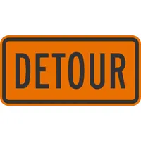 Aluminum detour sign, 0.080 in thick, with Engineer-grade retroreflective orange finish. Complies with M4-8 MUTCD standards. Nominal size 24 in x 12 in. Used for temporary traffic control in construction zones and detour routing