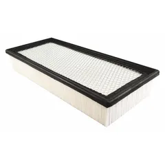 Rectangular panel cabin air filter with paper media for use in vehicle cabins. Designed to trap dust and contaminants, it helps maintain interior air quality. Compatible with Caterpillar buses.