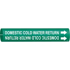 Green pipe marker with white legend reading 'Domestic Cold Water Return' for identifying return water lines. Fits pipe outer diameters of 4 to 6 inches. Includes directional arrows. Snap-on design for quick installation.