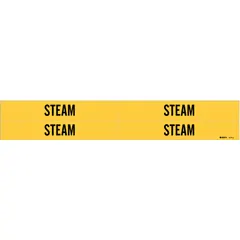Yellow adhesive pipe markers with black 'Steam' legend, designed for pipe outer diameters from 3/4 to 2-3/8 inches. Each set includes 4 markers without directional arrows, suitable for identifying steam lines in industrial piping systems.