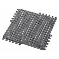 18 in x 18 in rubber mat tile with diamond plate surface. Part of the De-Flex interlocking system for ESD control and antifatigue flooring. Suitable for workstations and assembly areas where static-sensitive components are handled.