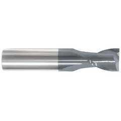 Solid carbide square end mill with AlTiN coating for heat resistance and wear protection. Two-flute design for efficient chip evacuation. Suitable for slotting, profiling, and contouring in ferrous and non-ferrous metals. Mill diameter 13/64", length of cut 3/8", overall length 2".