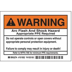 Polyester adhesive sign, 3 1/2 in x 5 in nominal size, 0.01 in thick. Not retroreflective, does not glow in the dark. Applied to electrical panels and equipment to warn of arc flash and shock hazards requiring appropriate PPE.