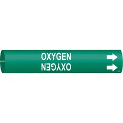 This snap-on pipe marker identifies oxygen lines in piping systems. It features a green background with white legend text and includes directional arrows to indicate flow direction. Designed to fit pipe outer diameters from 3/4 to 1-3/8 inches, the marker is supplied as a single unit.