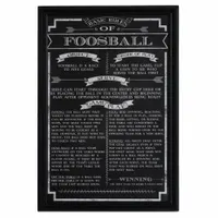 This wall art displays official foosball game rules in a black acrylic and wood frame. It measures 12 inches in overall width and 18 inches in overall height. Suitable for game rooms, recreation centers, or sports bars to provide quick rule reference and decorative appeal