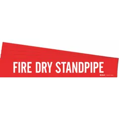 Red adhesive pipe marker with white legend reading 'Fire Dry Stand Pipe'. Fits pipe outer diameters from 2-1/2 to 7-7/8 inches. Sold in a 5-pack. No directional arrows. Used to identify dry stand pipe systems in fire protection piping.