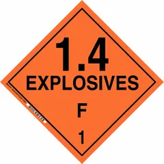 Class 1 explosives placard for marking containers holding Division 1.4 materials. Measures 10 3/4 in x 10 3/4 in with a 10 3/4 in label height. Displays message '1.4 Explosives F 1' for DOT hazardous material identification.