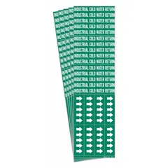 Green adhesive pipe marker with white legend text reading 'Industrial Cold Water Return'. Includes directional arrows. Designed for pipes with outer diameter of 3/4 inch and smaller. Supplied in a pack of 5 for identifying cold water return lines in industrial piping systems.