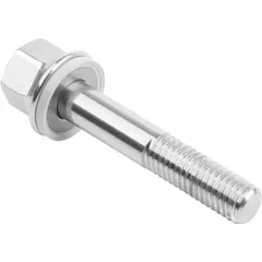 Stainless steel hex head screw with integrated USIT seal and shim for hygienic connections. Partially threaded M4 design with 14 mm minimum thread length. Suitable for industrial environments requiring clean, leak-resistant fastening.